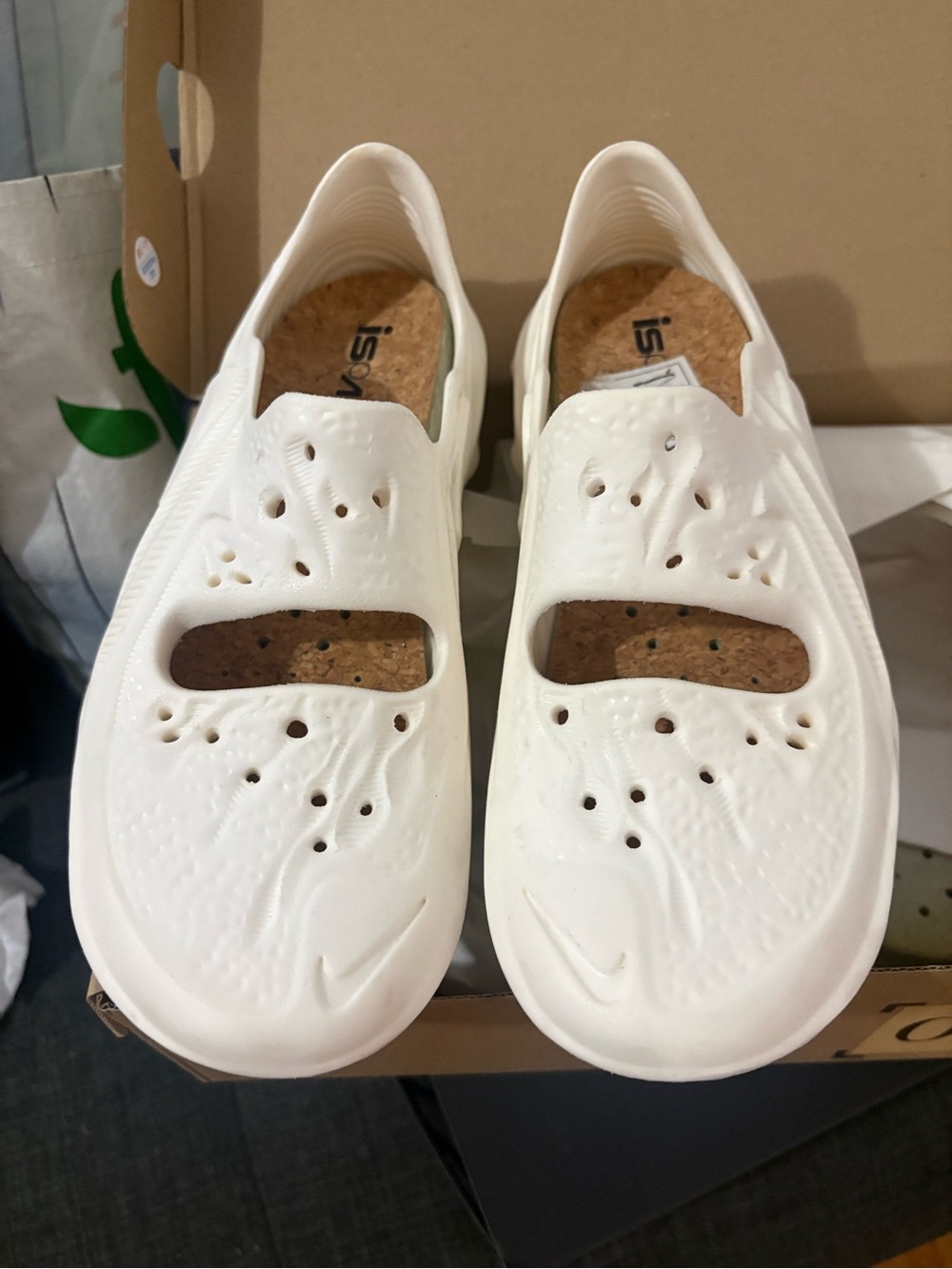 Nike White Slip-On Foam Clogs with Cork Footbed